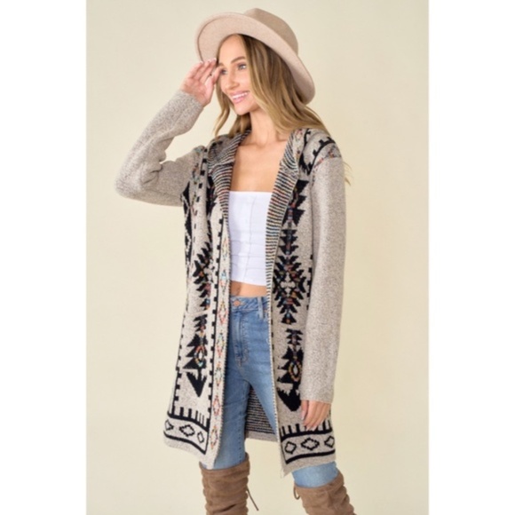 Oatmeal Aztec Rainbow Western Hooded Knit Cardigan Long Sleeve Open Sweater - Picture 5 of 14